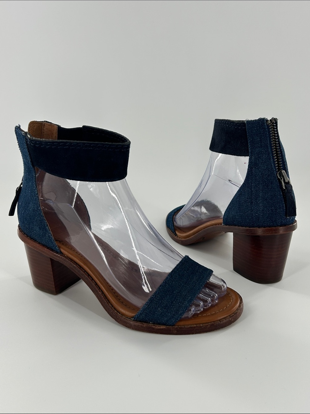 Frye Brielle Denim Leather Sandals Block Heel  Brown Blue 6M Boho Minimalist
